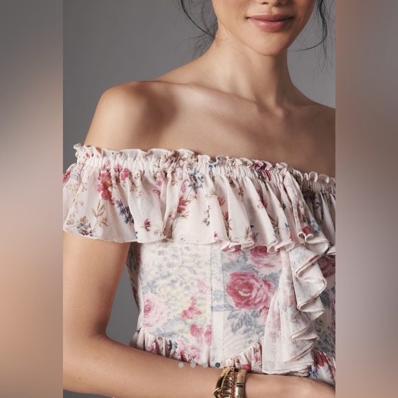 Anthropologie Off The Shoulder Mesh Top Ruffle Floral Print NWT - Picture 2 of 4